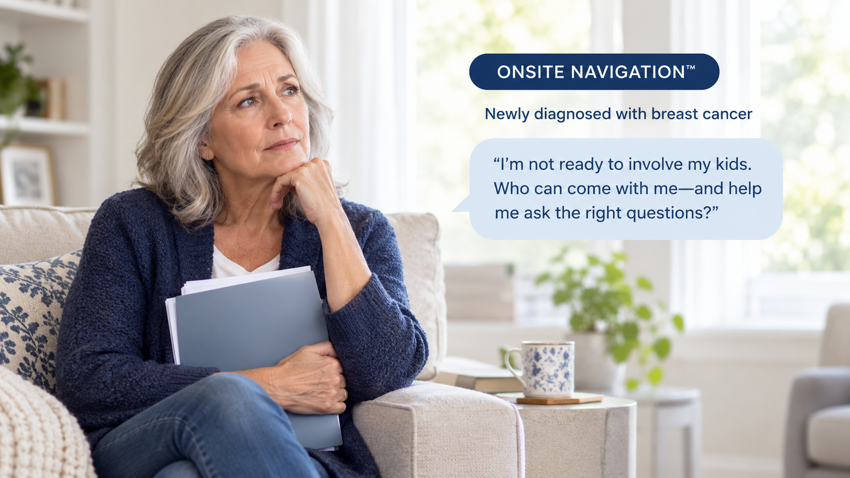Woman newly diagnosed with breast cancer seeking professional support for her first consultation