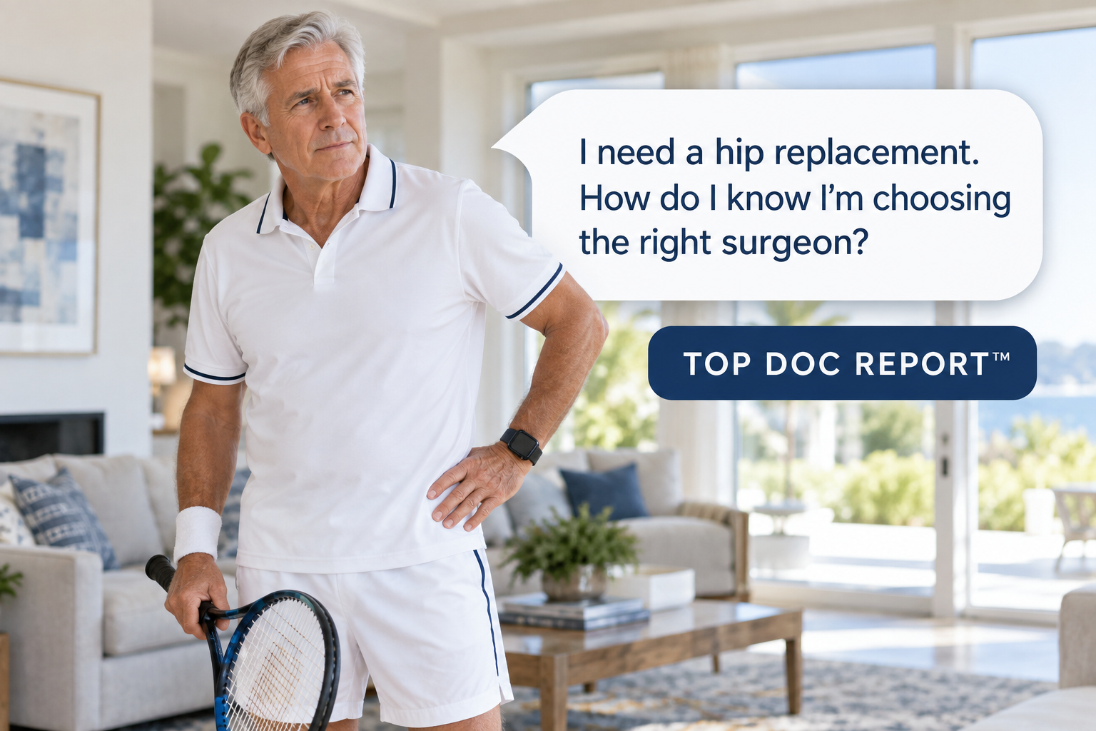 Active tennis player asking how to choose the right hip replacement surgeon with a Top Doc Report